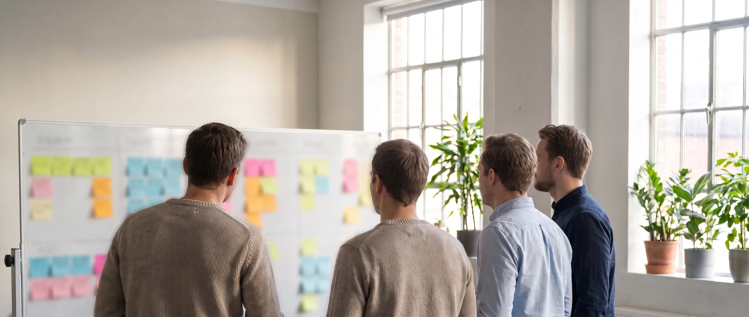Et lille team omkring en tavle i et lyst kontor