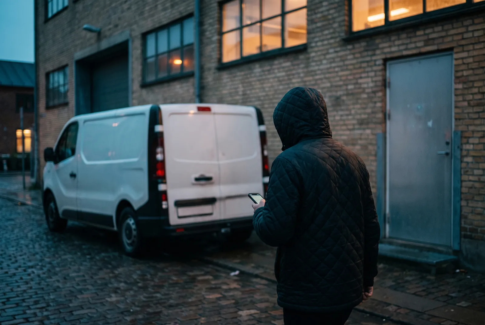 En chauffør med telefonen ved en parkeret varevogn ved en bagindgang