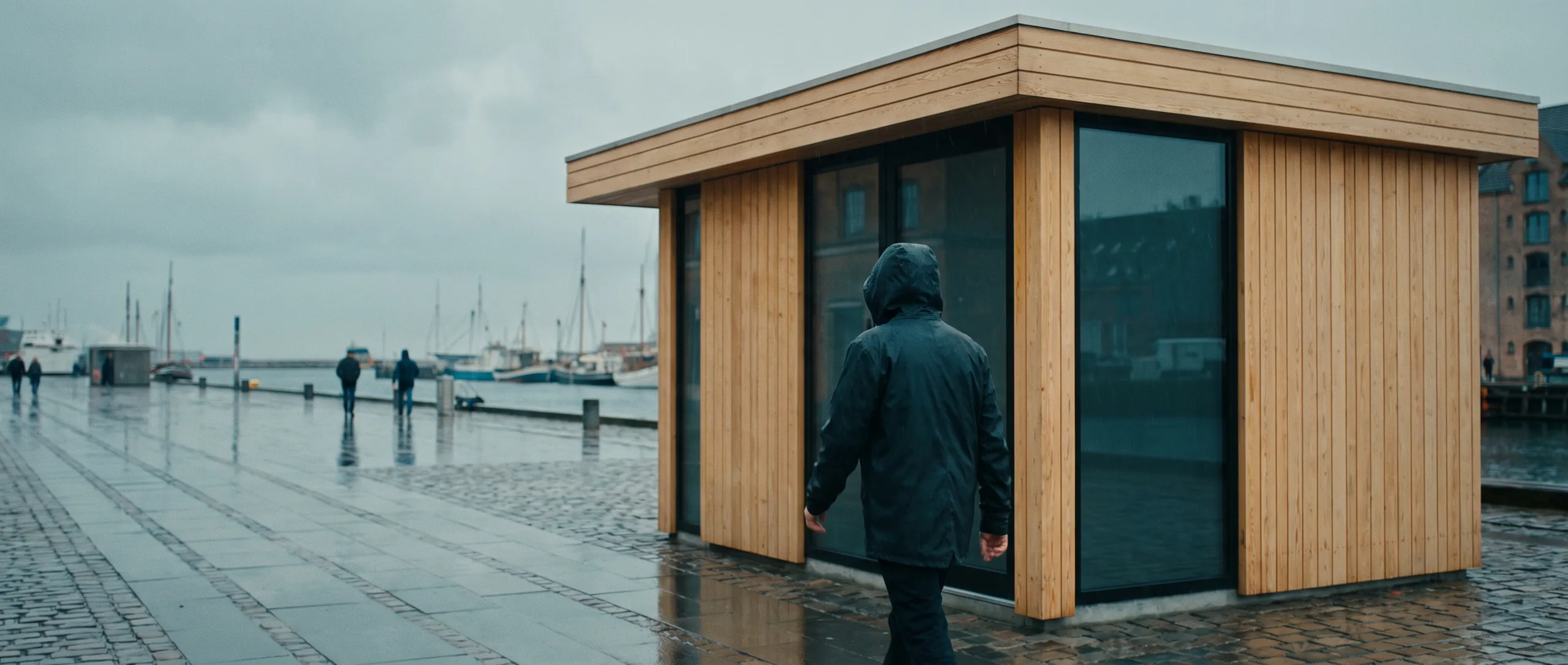 En lille offentlig toiletbygning på en havnepromenade