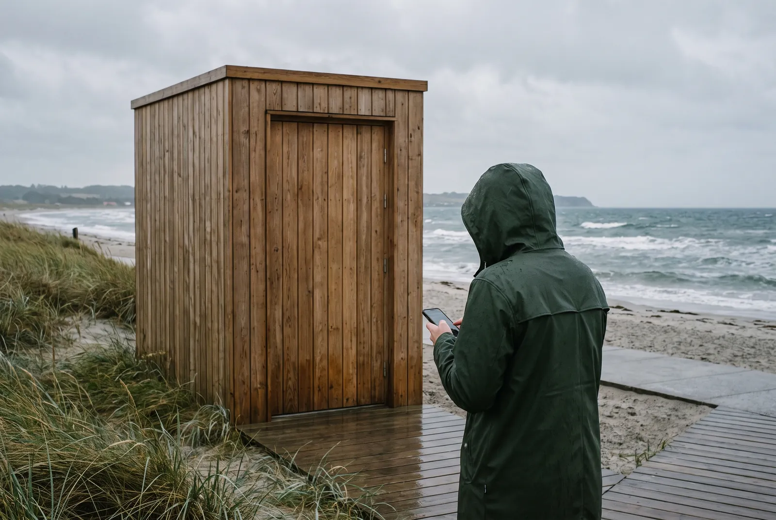 En besøgende tjekker telefonen uden for en toiletdør