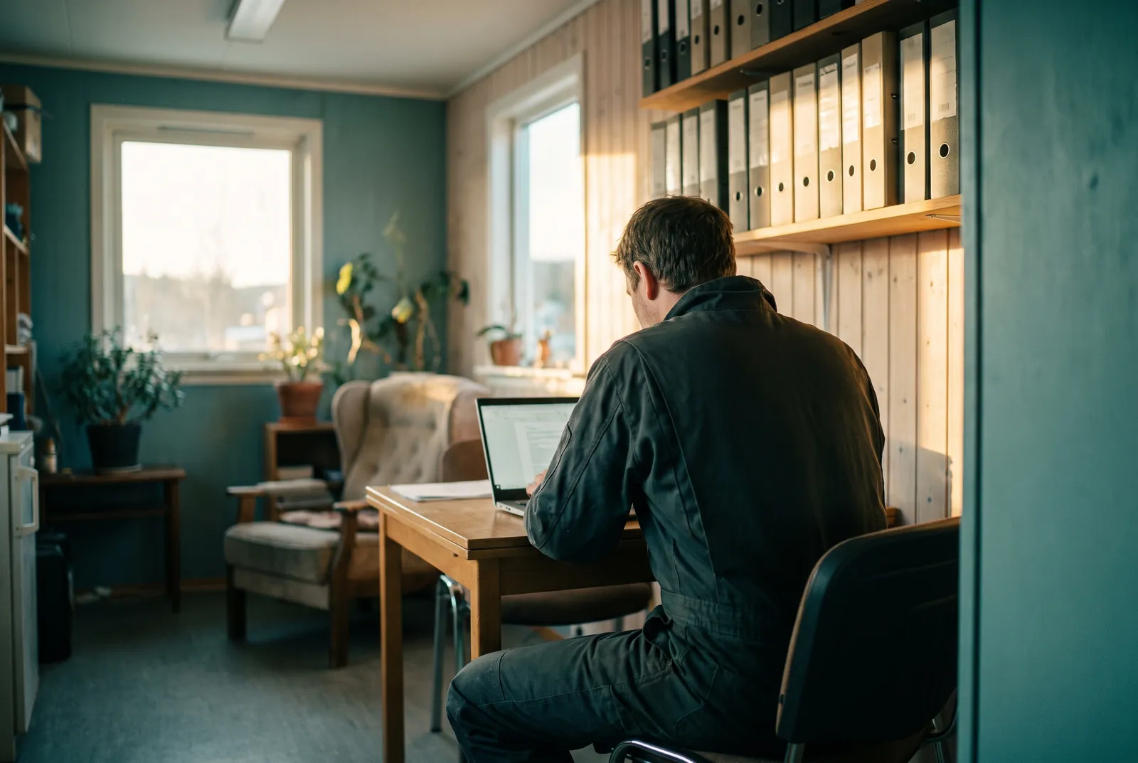 En vicevært ved en bærbar på boligforeningens kontor