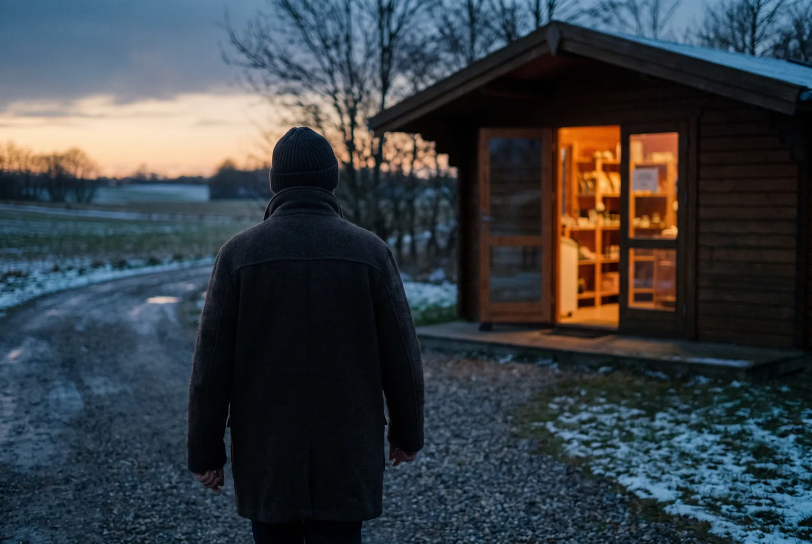 En kunde går ind i en selvbetjent butik om aftenen