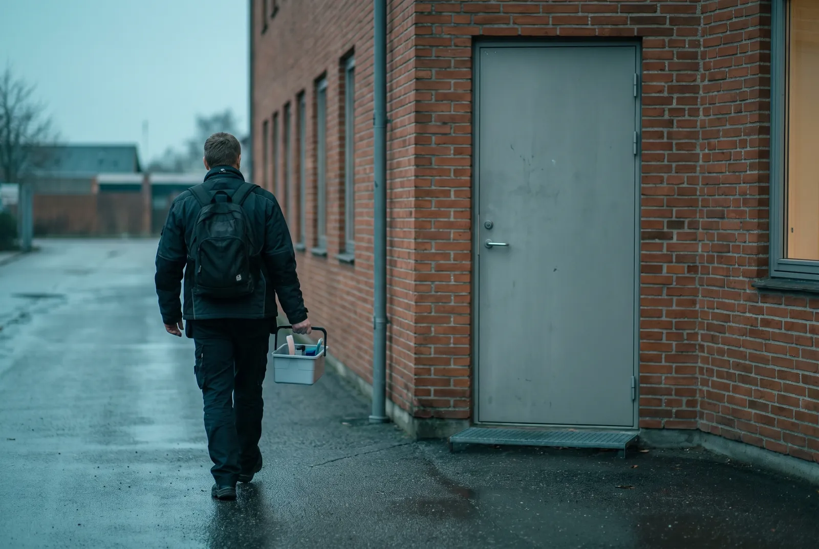 A cleaner arriving at the side door of an office building