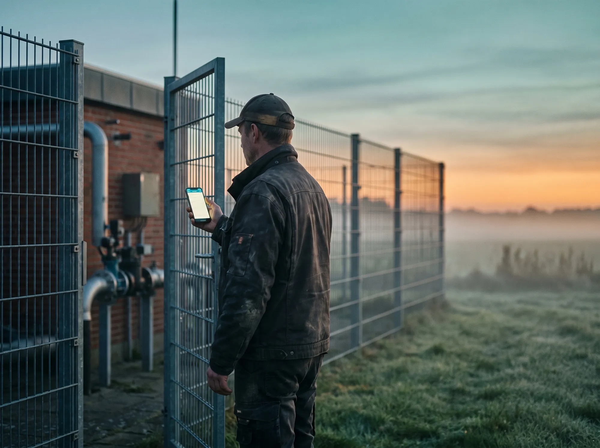 En tekniker ved porten til en ubemandet pumpestation ved daggry, der tjekker telefonen