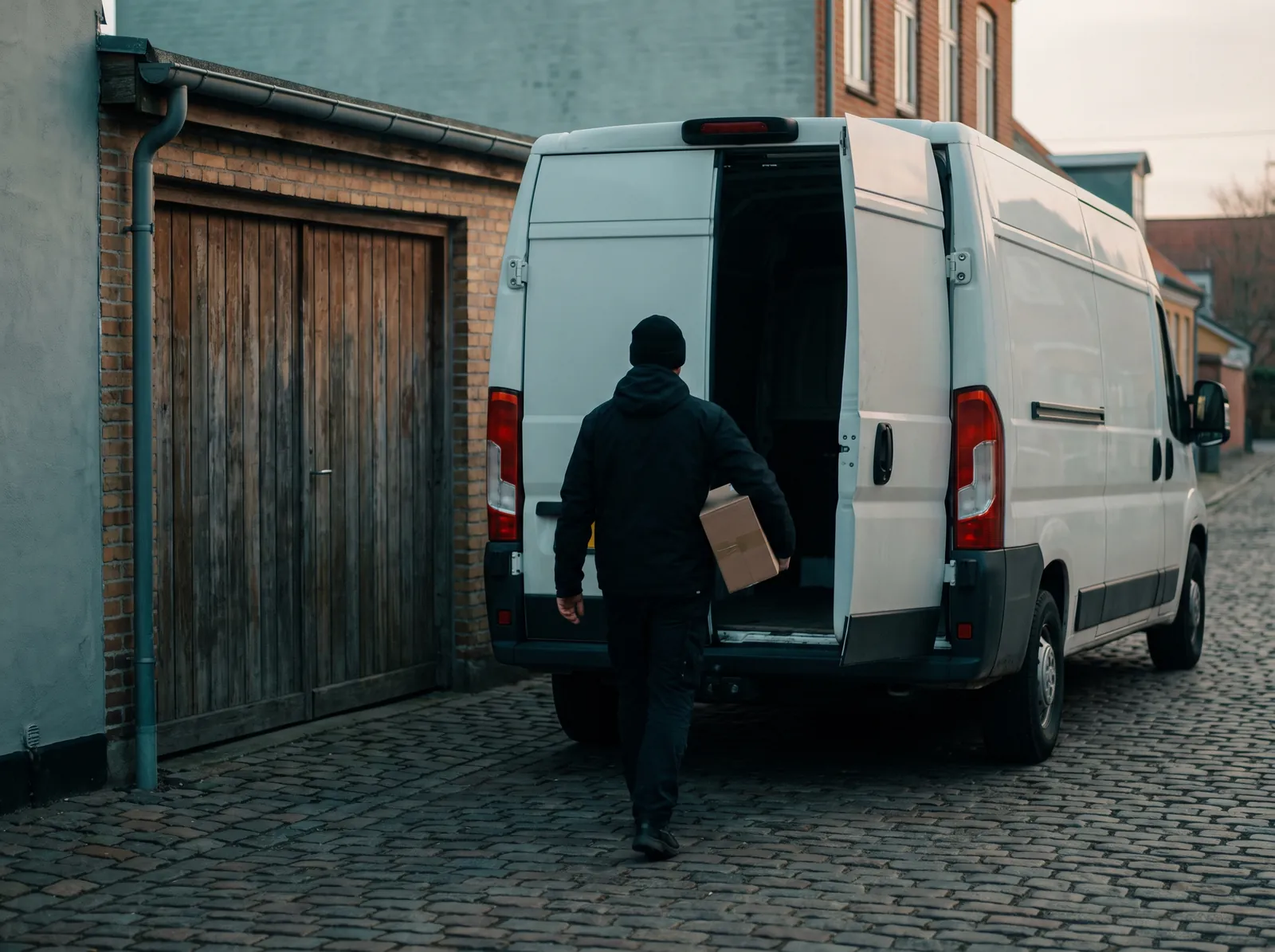 A delivery van at the back entrance of a shop