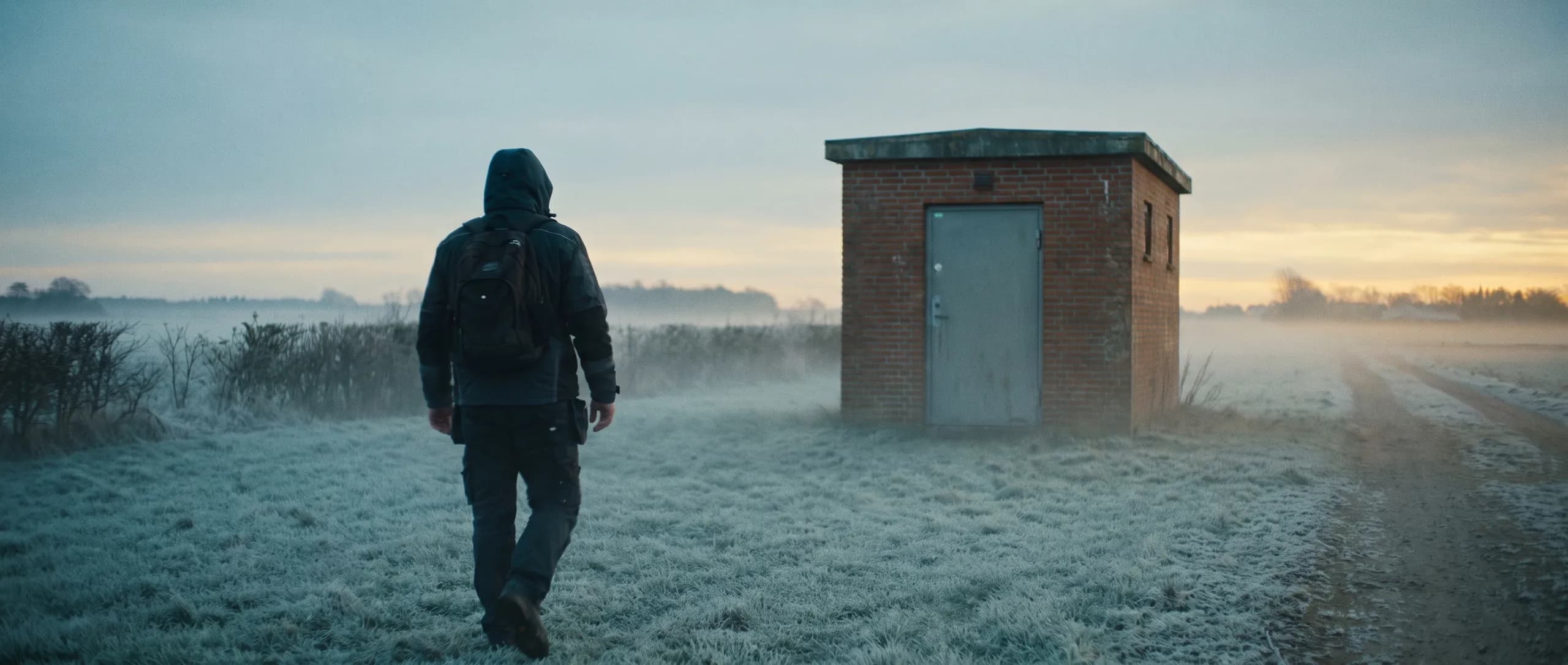 A technician at an unmanned technical building at dawn