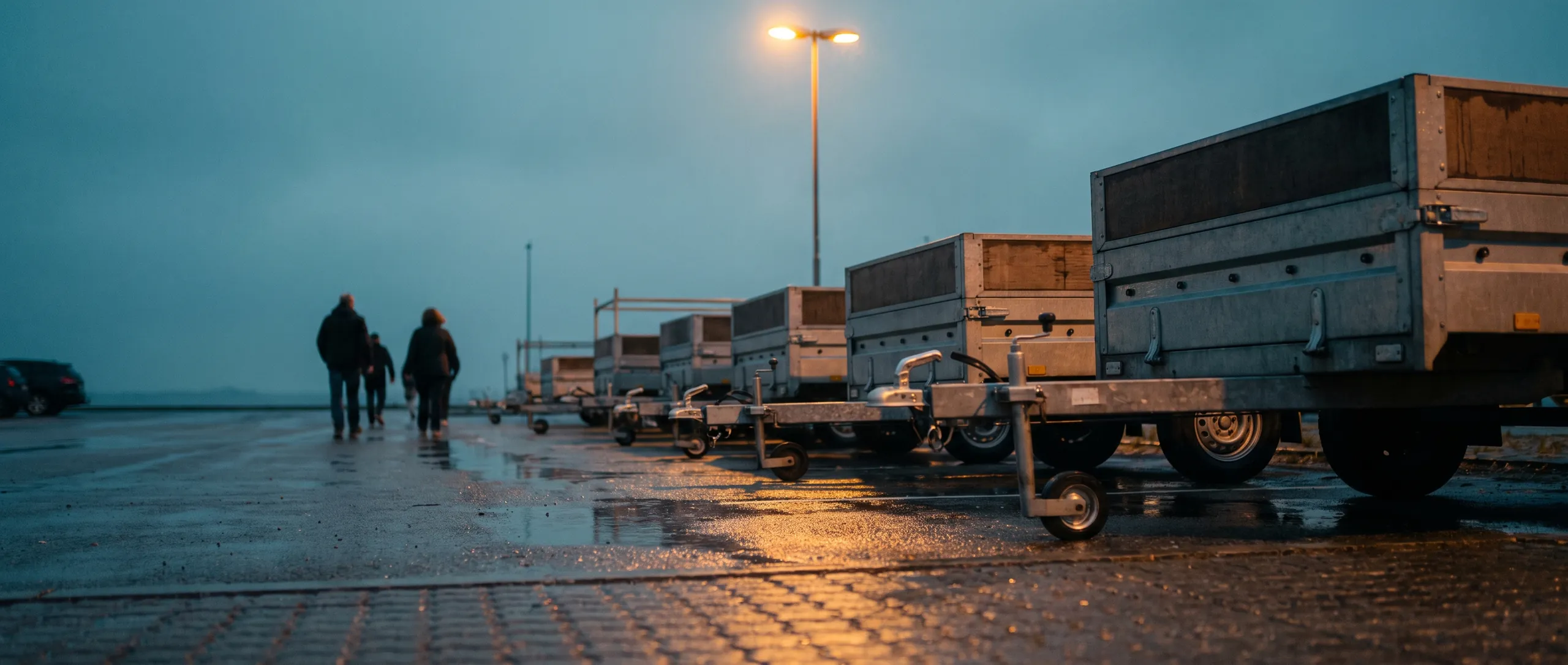 Udlejningstrailere ved en parkeringsplads om aftenen