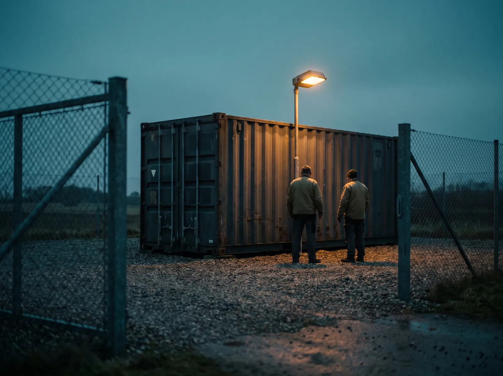 En indhegnet containerplads efter mørkets frembrud