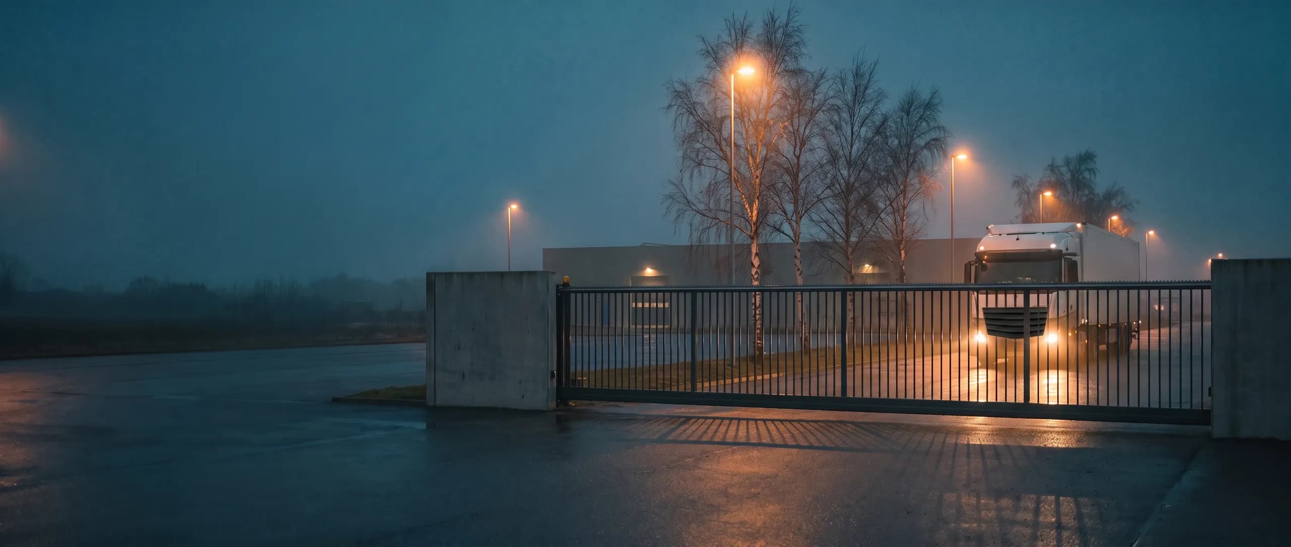 En port til en logistikplads i skumringen, med en lastbil der venter bag den