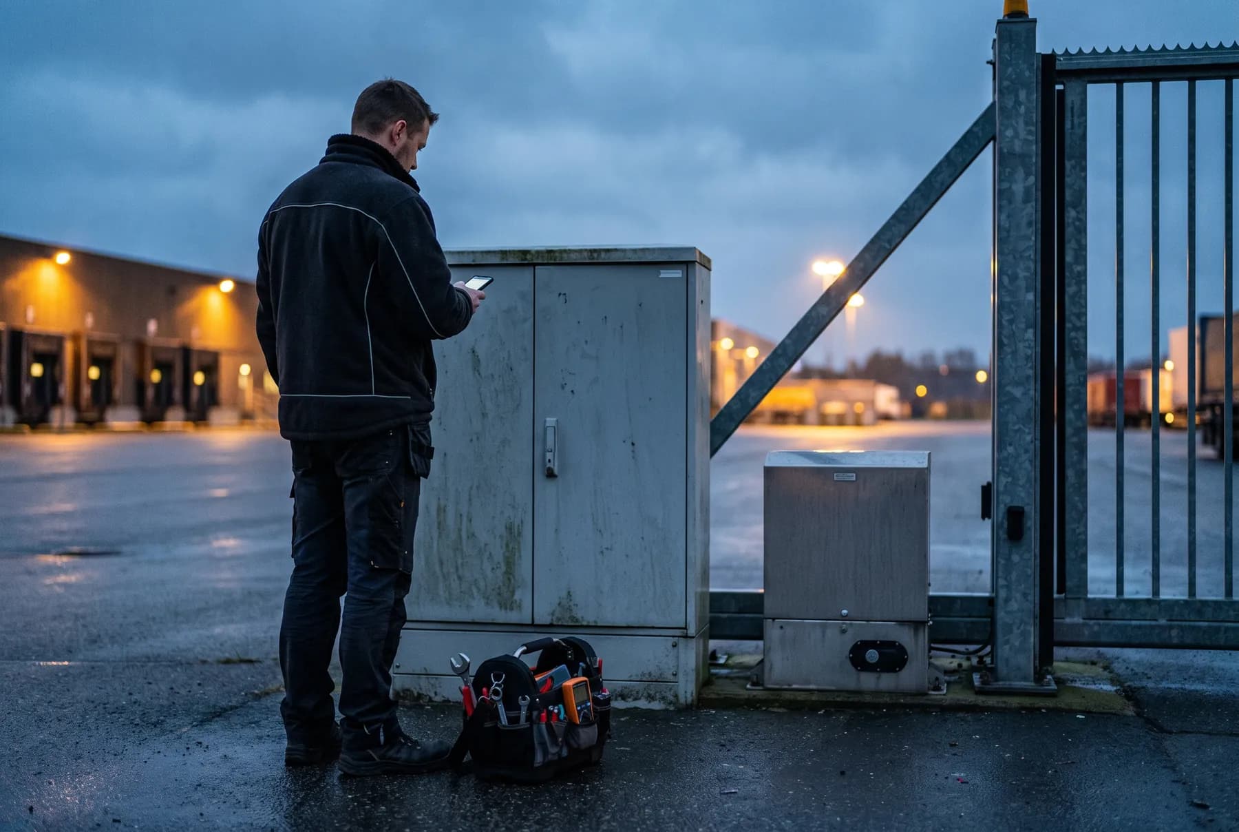 En installatør ved portstyringens skab, der tjekker åbningen på telefonen
