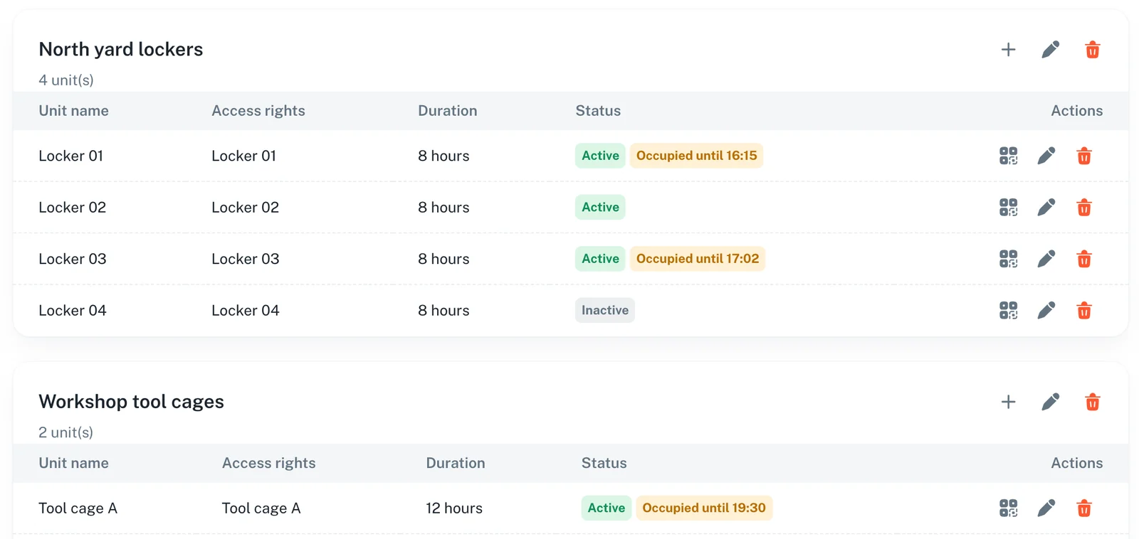Rental sections and units in the SnapKey dashboard, with occupied units