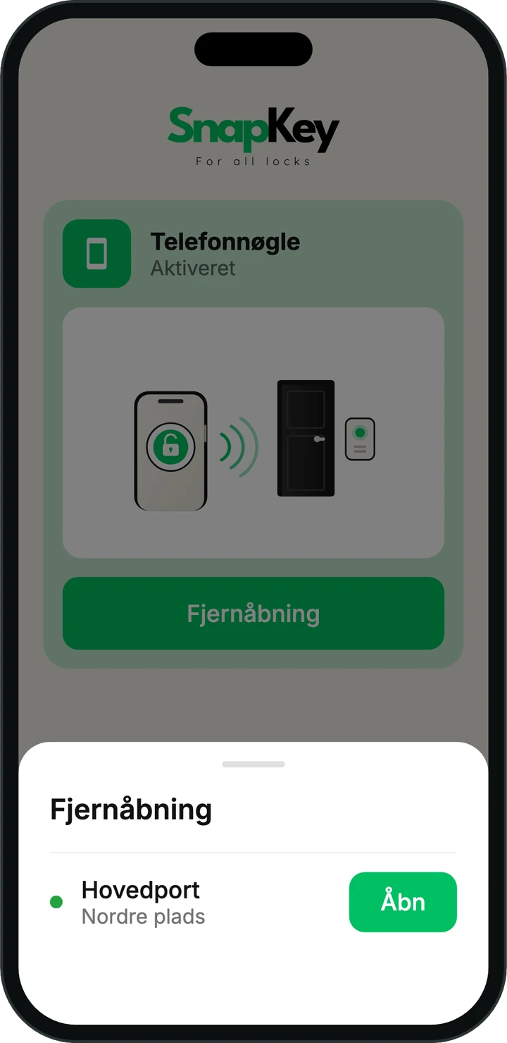 SnapKey-appens fjernåbning med en Åbn-knap til hovedporten